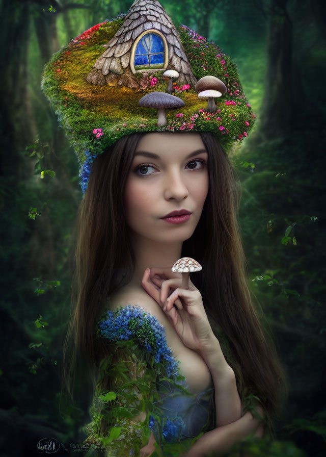 Mother Nature personified with mushroom house on head in lush greenery.