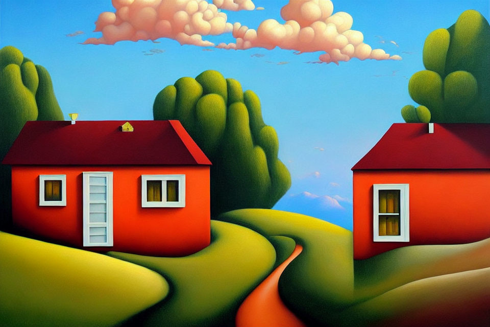 Red-roofed houses in green hills with winding path, stylized trees, and cartoonish clouds