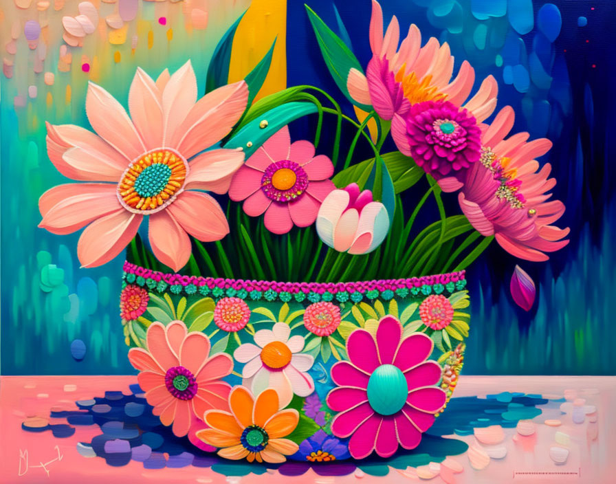 Colorful Flower Painting in Decorated Pot on Dreamy Background