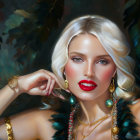 Illustration of woman with white hair, striking makeup, gold jewelry on turquoise backdrop
