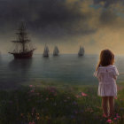 Children watching sailboats by lakeshore at dusk with pink flowers and dramatic sky