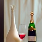 Elegant Red Wine Decanter, Glass, and Champagne Bottle with Twinkling Lights
