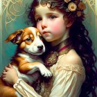 Young girl with long dark hair holding Corgi puppy in blossoming branches wearing vintage dress and floral