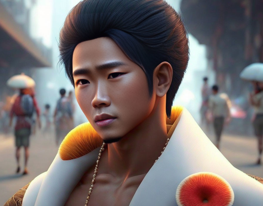 Digital artwork: Asian man in traditional attire on busy street