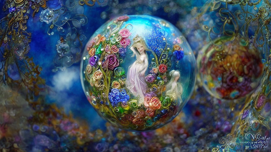 Fantastical woman in orb with flowing hair and flowers in starry background
