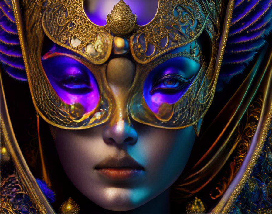 Ornate Golden Mask with Purple Eye Openings on Dark Background