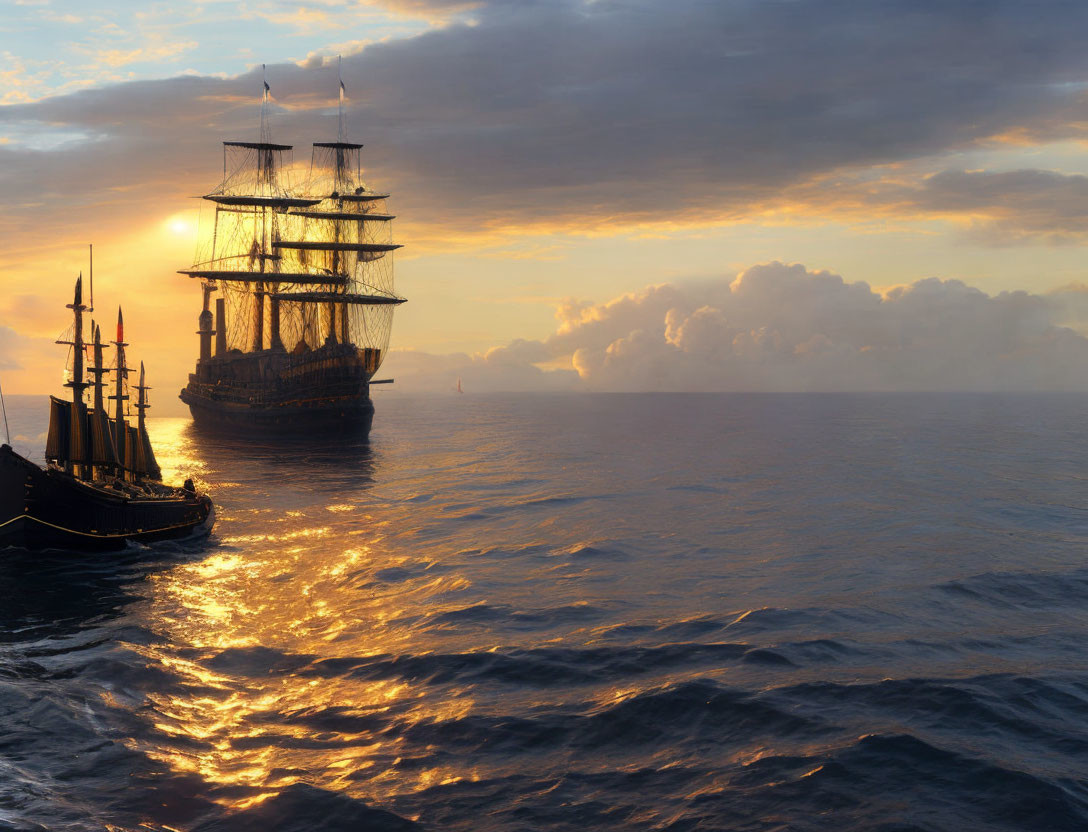 Ocean sunset with two tall ships sailing under golden sunlight