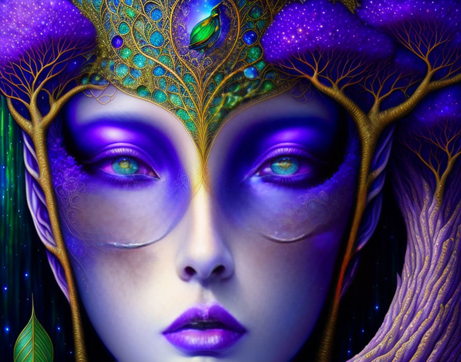 Colorful digital portrait of a woman with purple skin and peacock feather headdress.