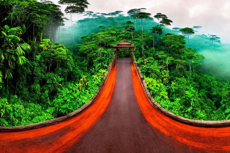 Lush green rainforest with vibrant red pathway and small hut under hazy sky
