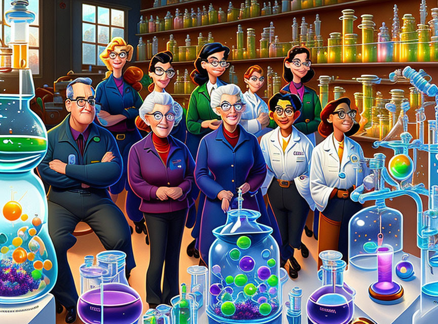 Women with a man in a chem lab 