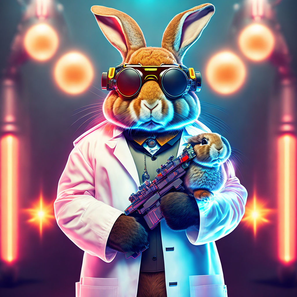 a rabbit wearing a lab coat and goggles