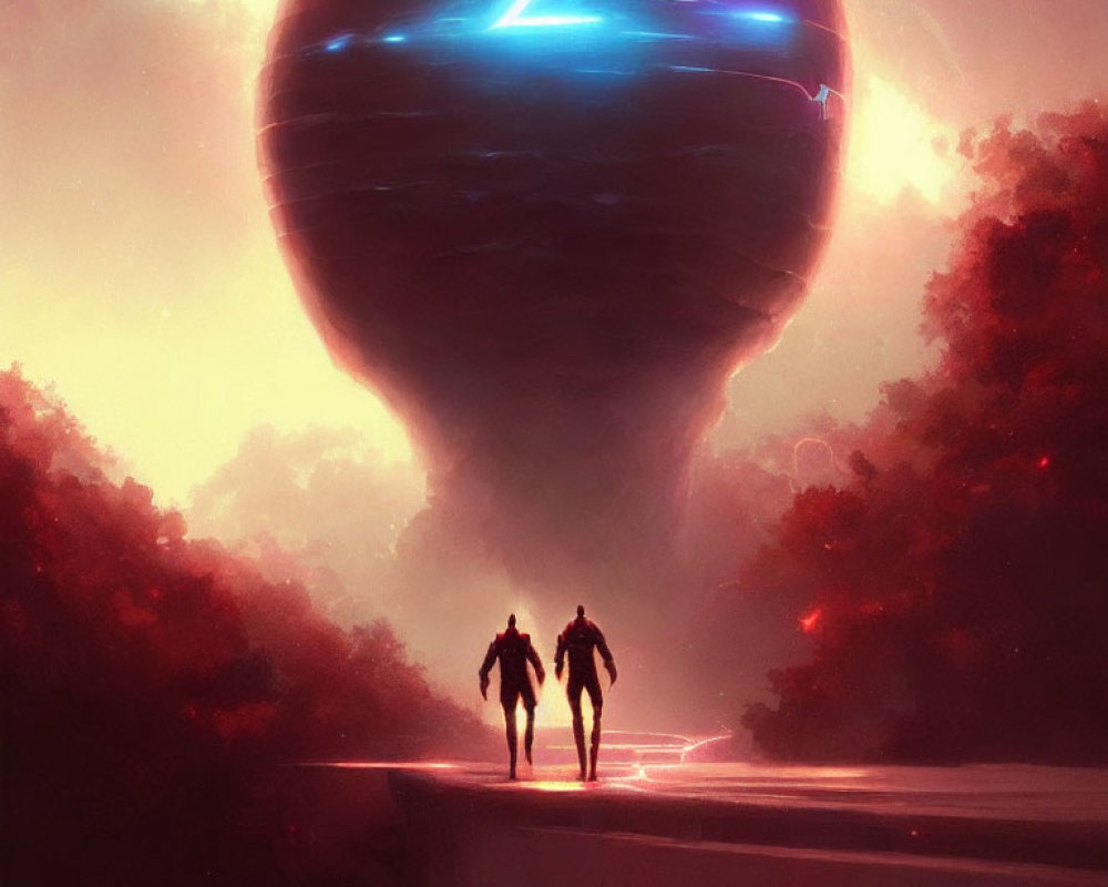 Silhouetted figures near futuristic structure in mysterious setting