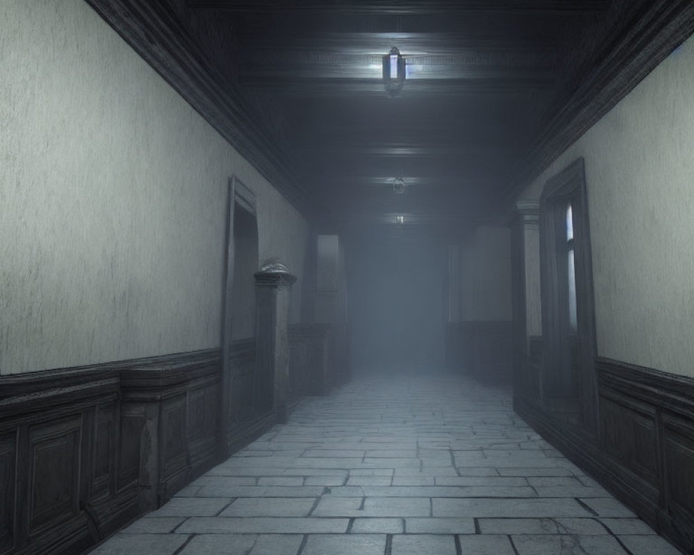 Eerie dimly-lit corridor with hanging lantern and mist.