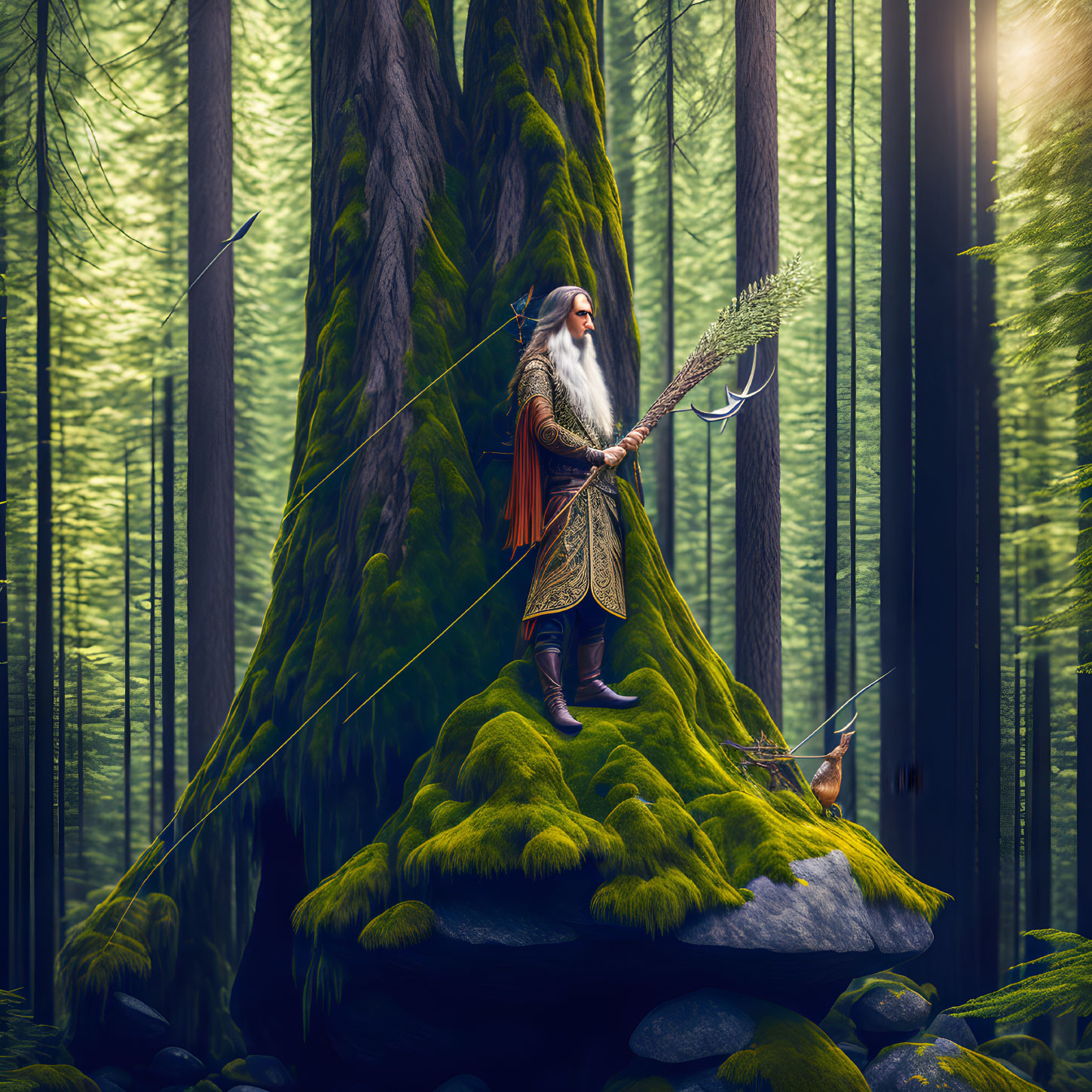 A man in the forest with bow and arrow 
