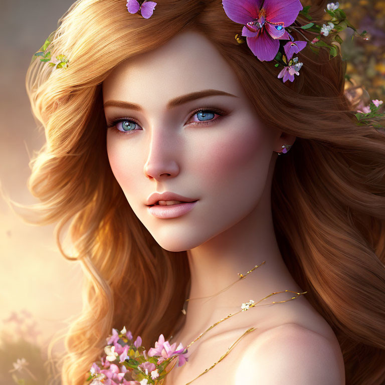 Digital portrait of woman with auburn hair, pink flowers, and blue eyes against warm background