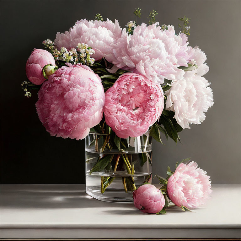 Pink Peonies and Baby's Breath Bouquet in Glass Vase