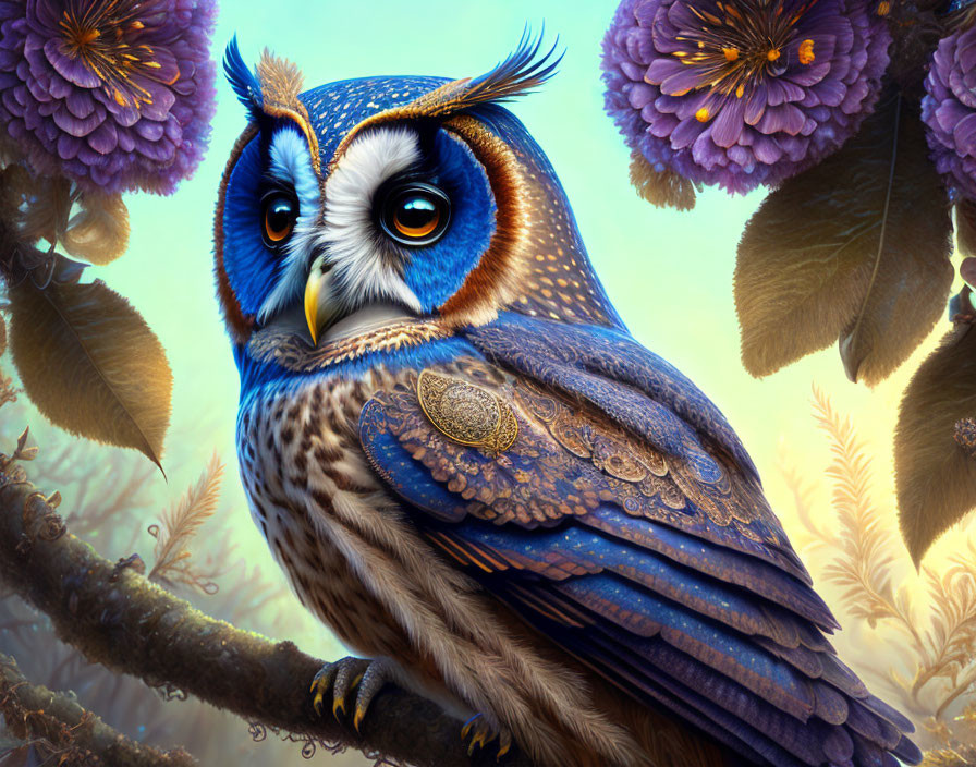 Detailed blue and brown owl on branch with purple flowers and foliage