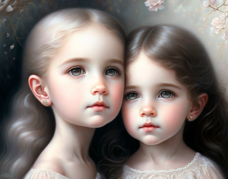 Detailed painting of two young girls with expressive eyes in serene floral backdrop