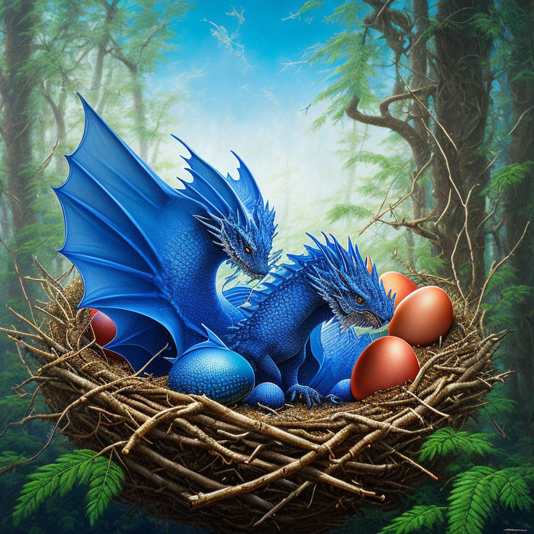 Blue dragons guarding nest with eggs in misty forest