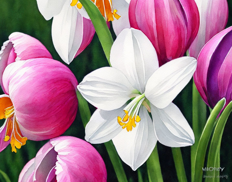 Colorful watercolor painting of pink and purple tulips with a white lily, emphasizing delicate petals