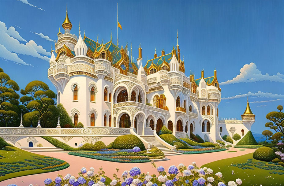 Ornate Palace with Towers and Gardens in Clear Blue Sky
