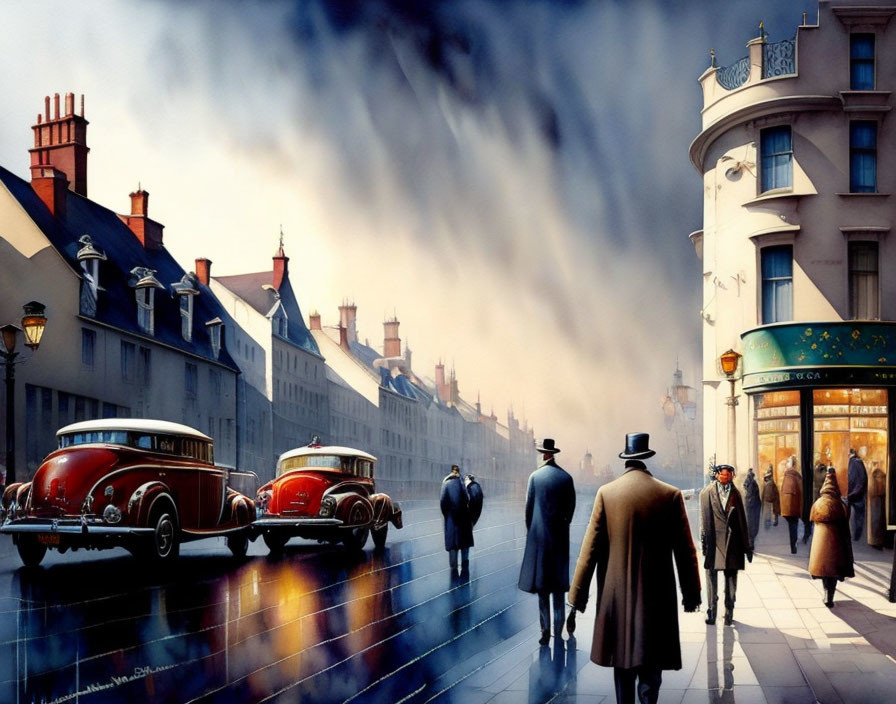Classic cars and pedestrians in vintage street scene with wet road and old-style buildings.