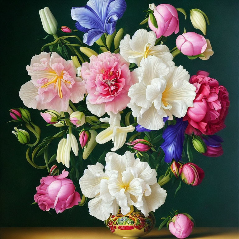 Colorful peony, lily, and iris bouquet in small vase on dark backdrop