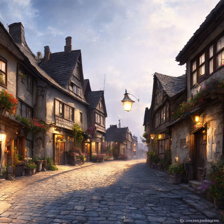Quaint cobblestone street with old-world houses and colorful flower boxes