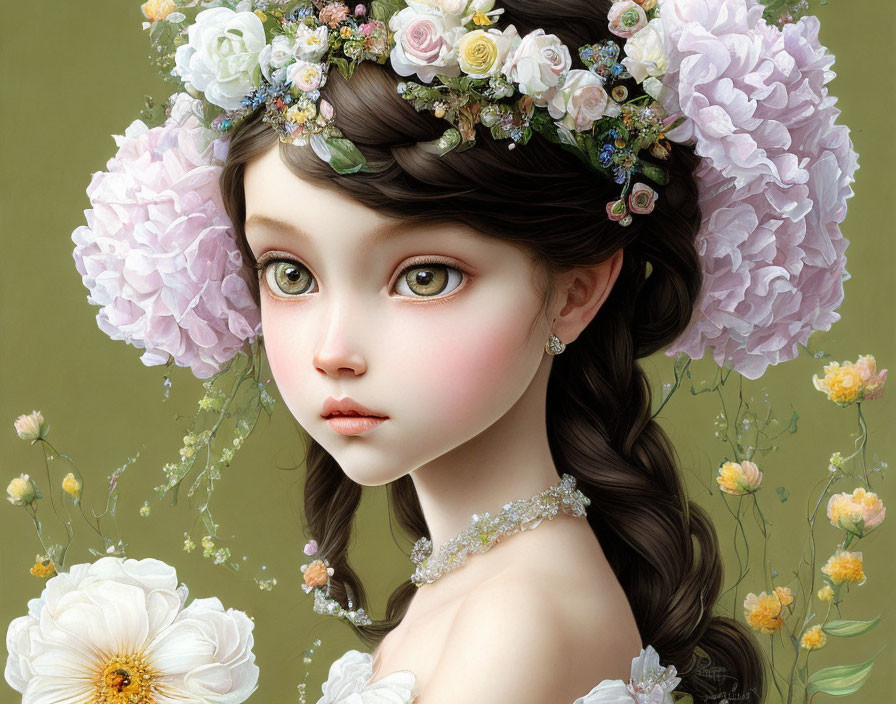 Digital painting of girl with expressive eyes and floral headdress.
