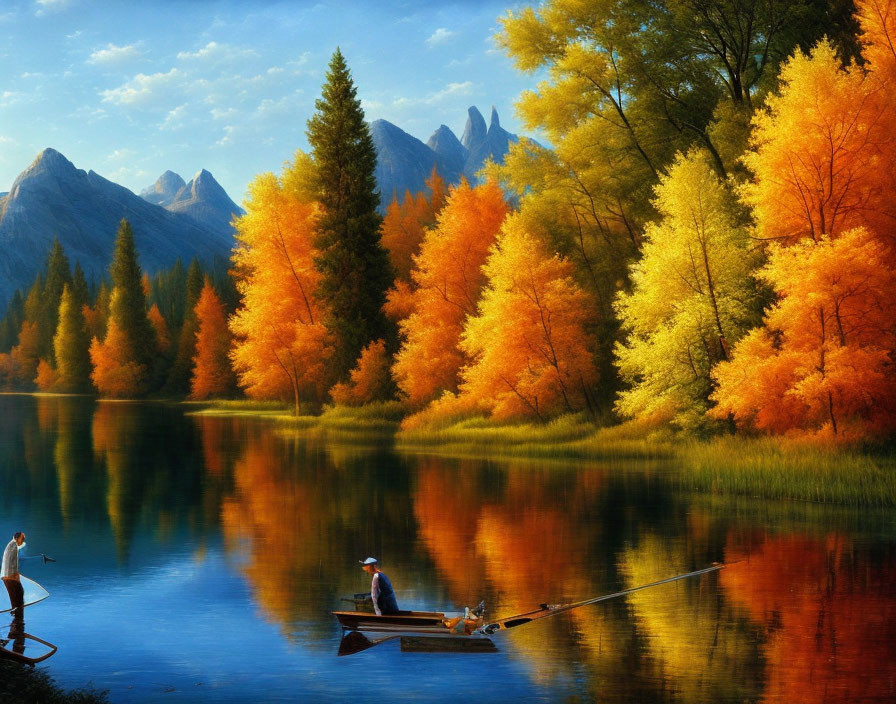 Tranquil autumn lake scene with two people fishing amidst colorful trees