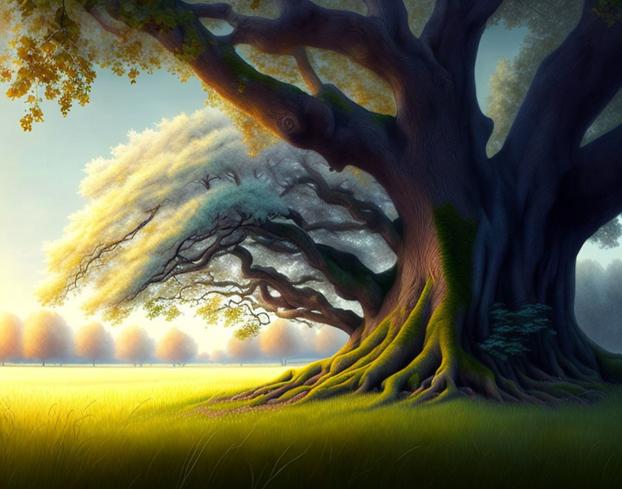 Tranquil landscape with majestic trees and glowing sky