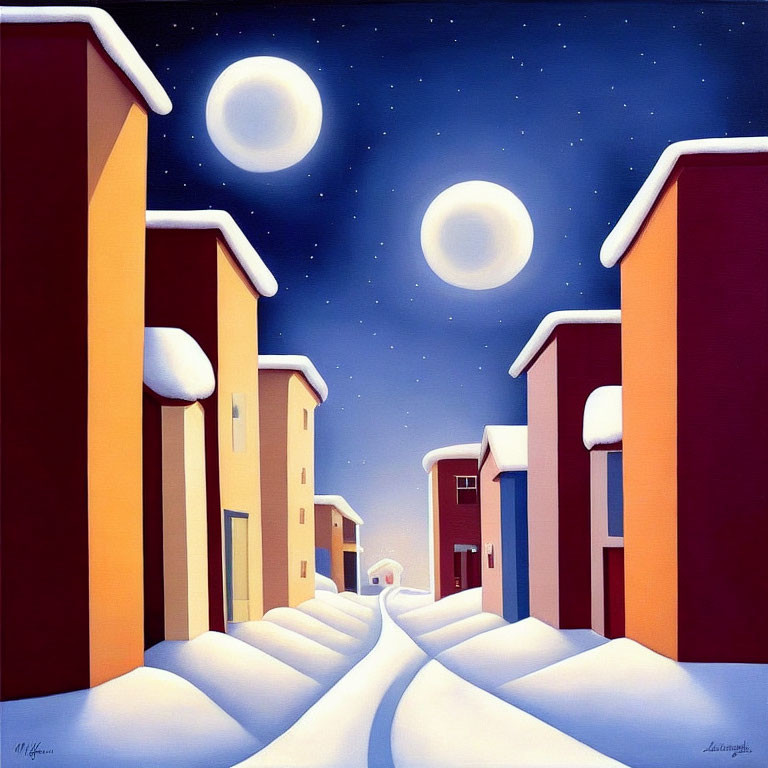 Snow-covered street with colorful buildings and luminous orbs at night
