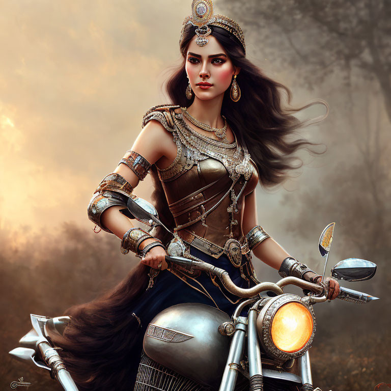 Fantasy warrior woman in elaborate armor on classic motorcycle in misty backdrop