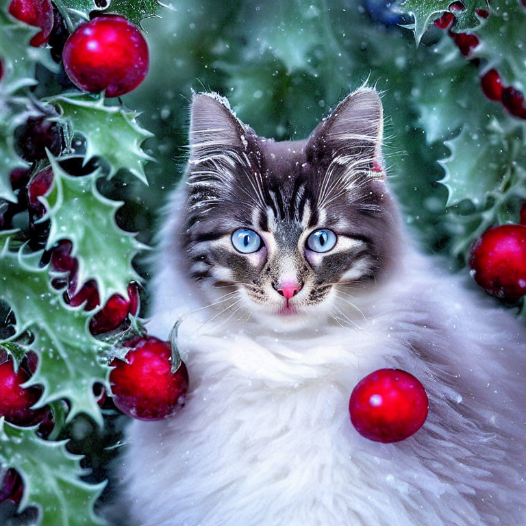 Fluffy white cat with blue eyes and brown markings in holly leaves and berries