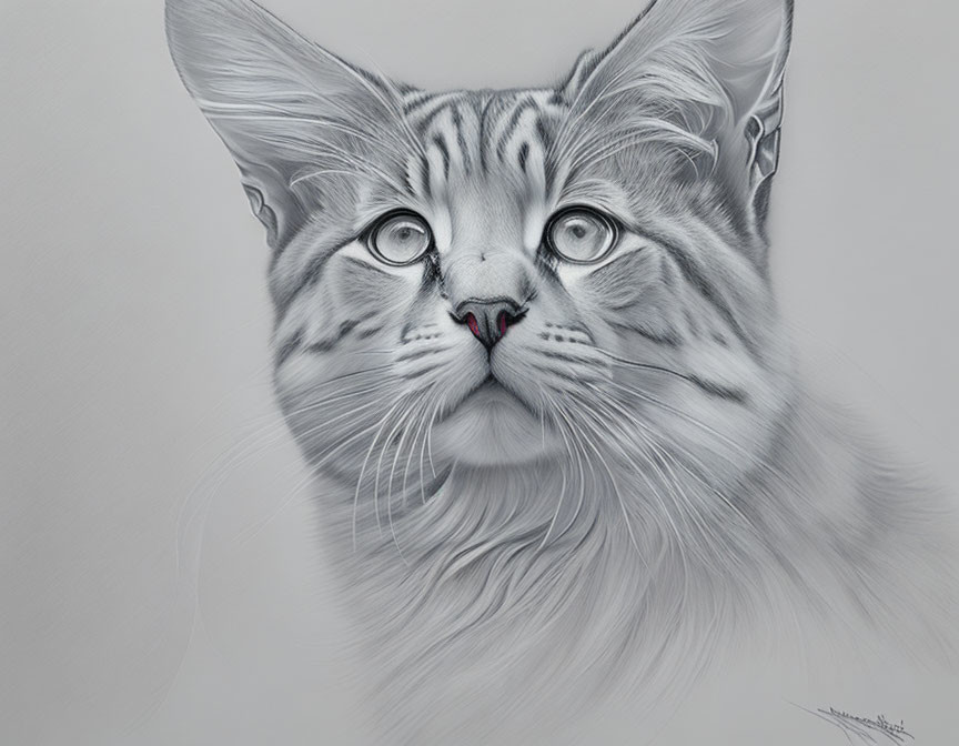 Detailed Pencil Drawing of Cat with Large Eyes and Striped Fur