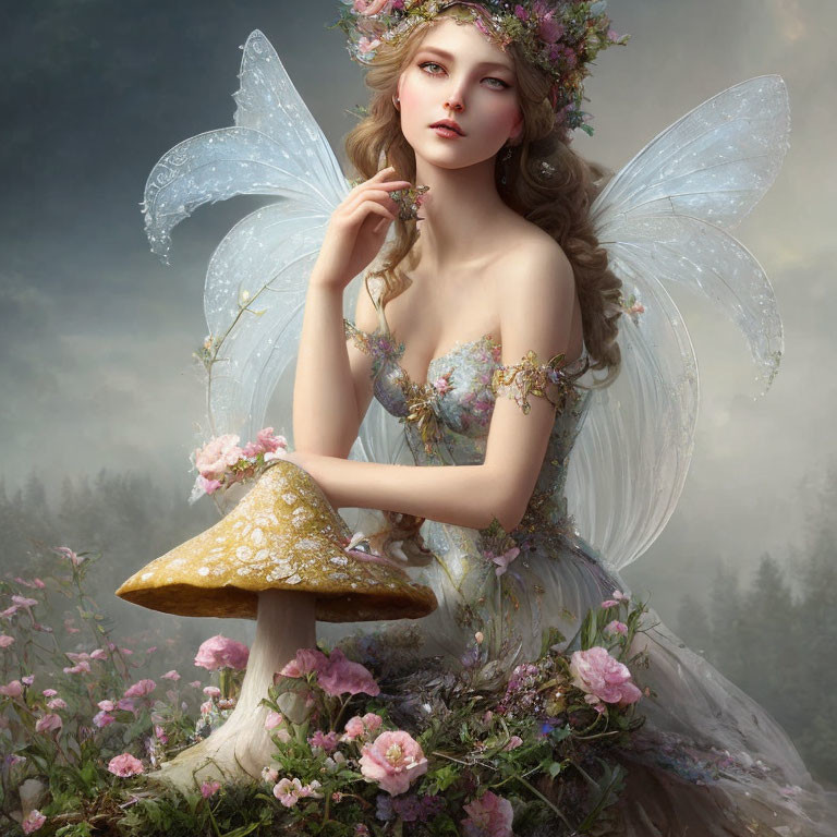 Fairy with gossamer wings on mushroom in misty setting