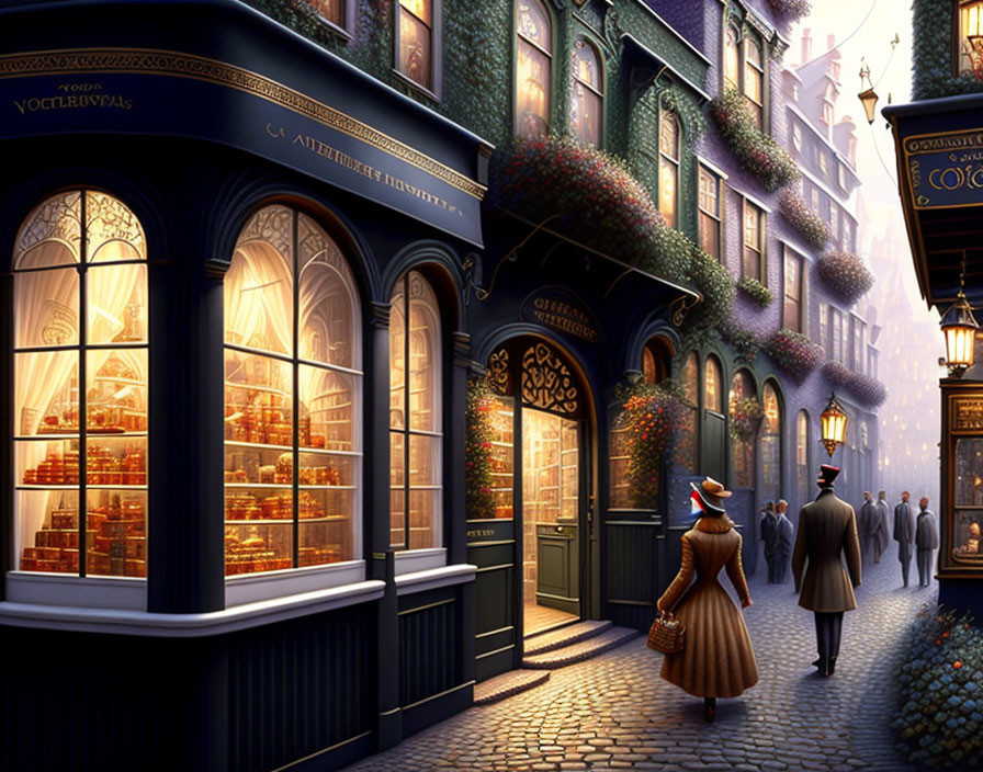 European Street Scene at Dusk with Vintage Shop Fronts and Cobblestones