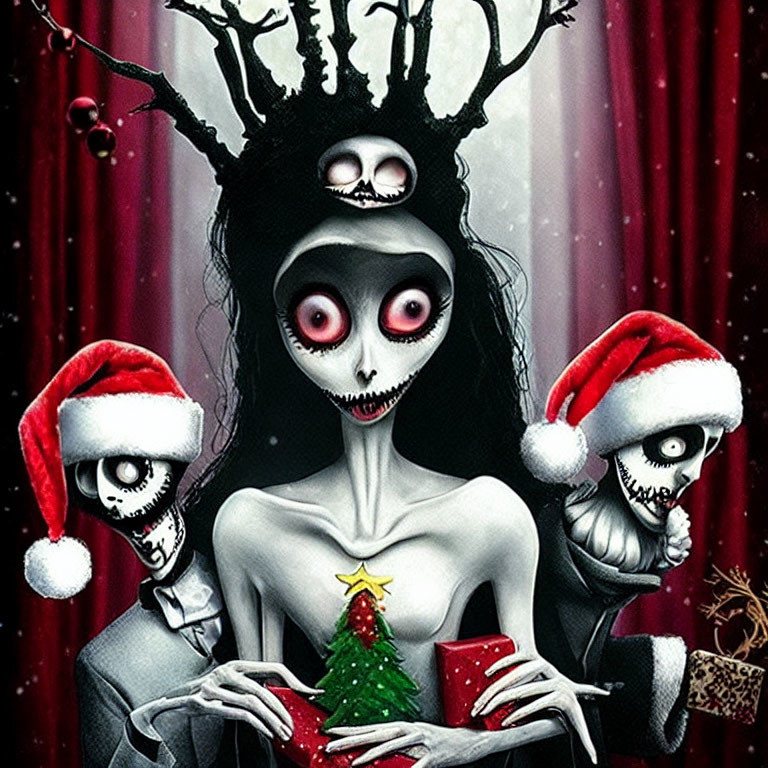 Gothic Christmas-themed illustration with pale female figure, tiny tree, and skeletal beings in Santa hats