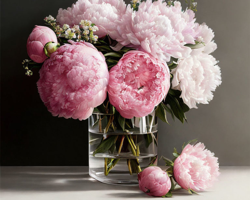 Pink Peonies and Baby's Breath Bouquet in Glass Vase