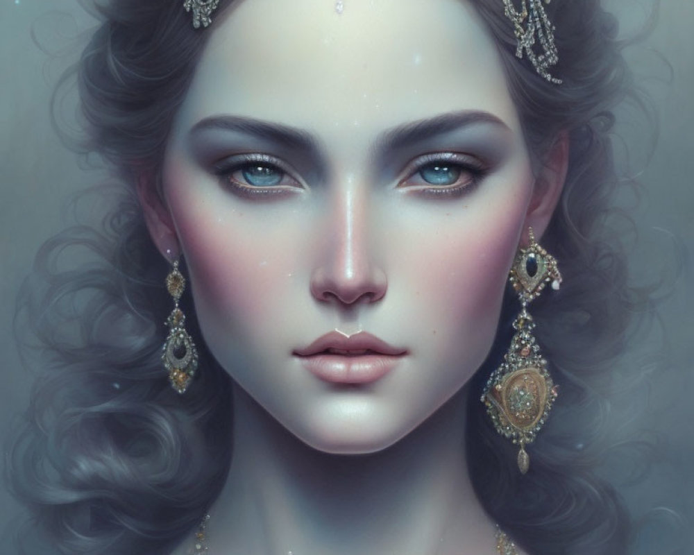 Detailed illustration: Woman with blue eyes, ornate jewelry, and curled hair on muted backdrop