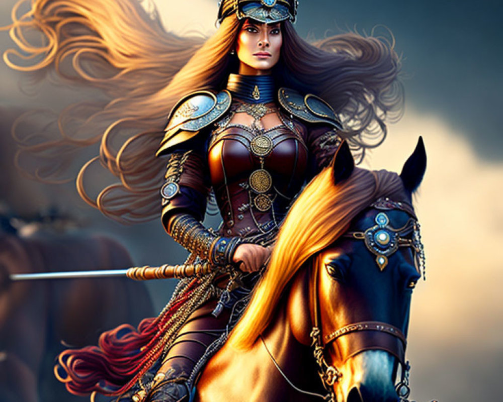 Detailed Artwork of Warrior Woman Riding Horse in Ornate Armor