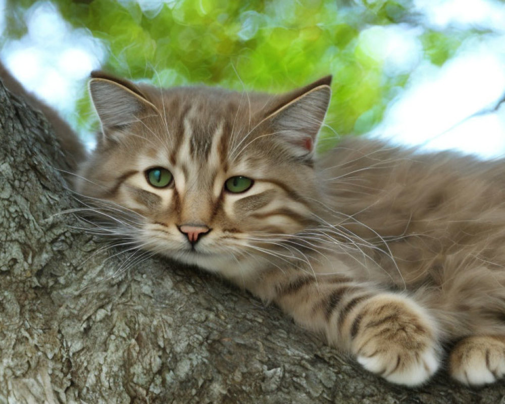 Fluffy Tabby Cat Lounging on Tree Branch with Green Eyes