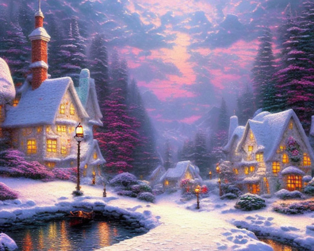 Snow-covered village at twilight with cozy cottages, gentle river, and snowy evergreens.