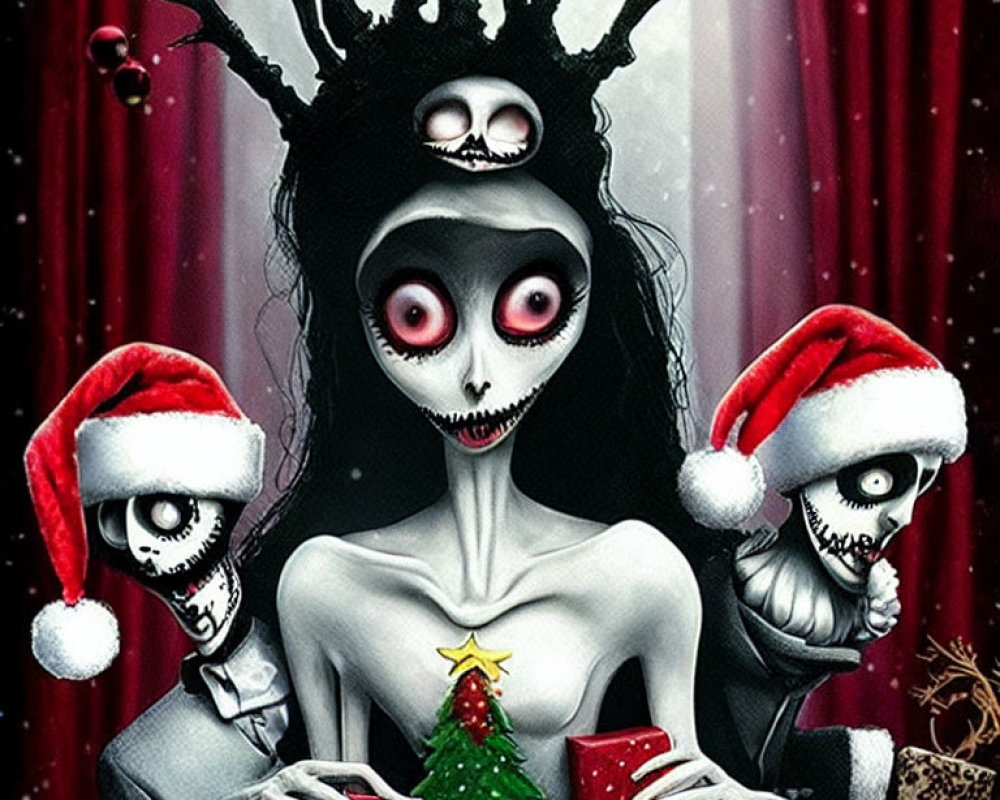 Gothic Christmas-themed illustration with pale female figure, tiny tree, and skeletal beings in Santa hats