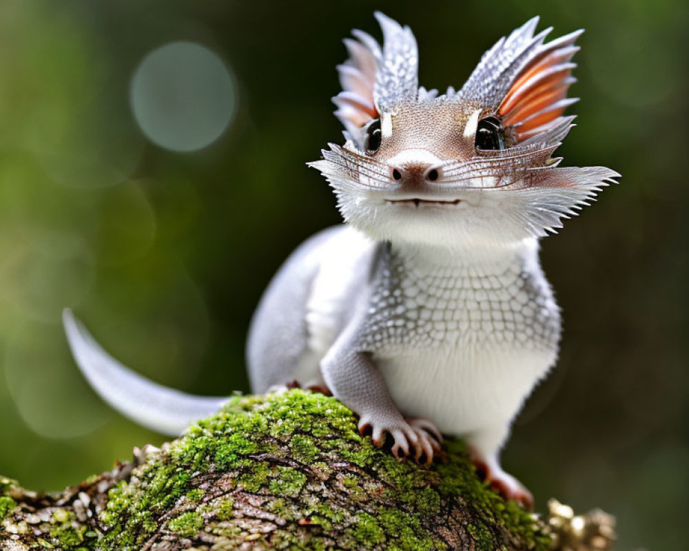 Digital creature with squirrel and dragon features on tree branch in soft-focus backdrop