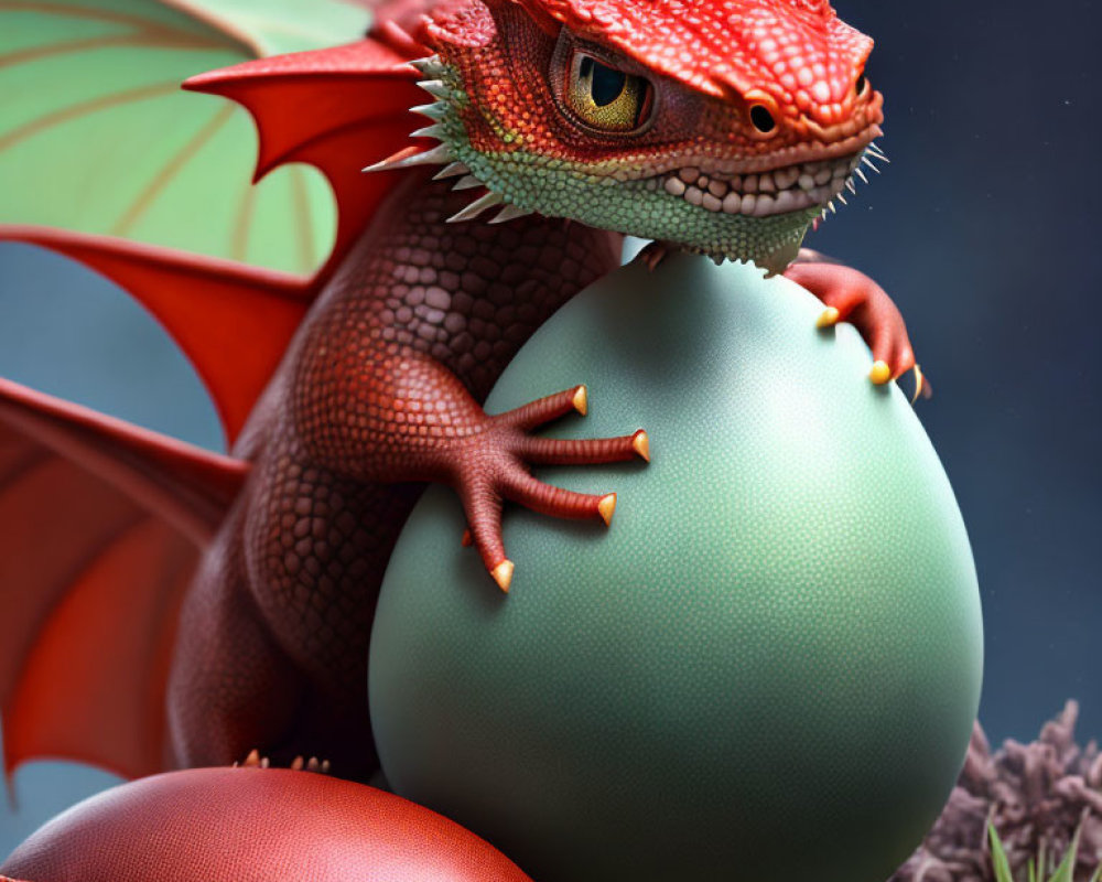 Detailed red dragon hugging green egg on grey background