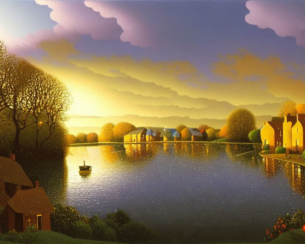 Scenic sunset village by river with houses, boat, trees, and flowers
