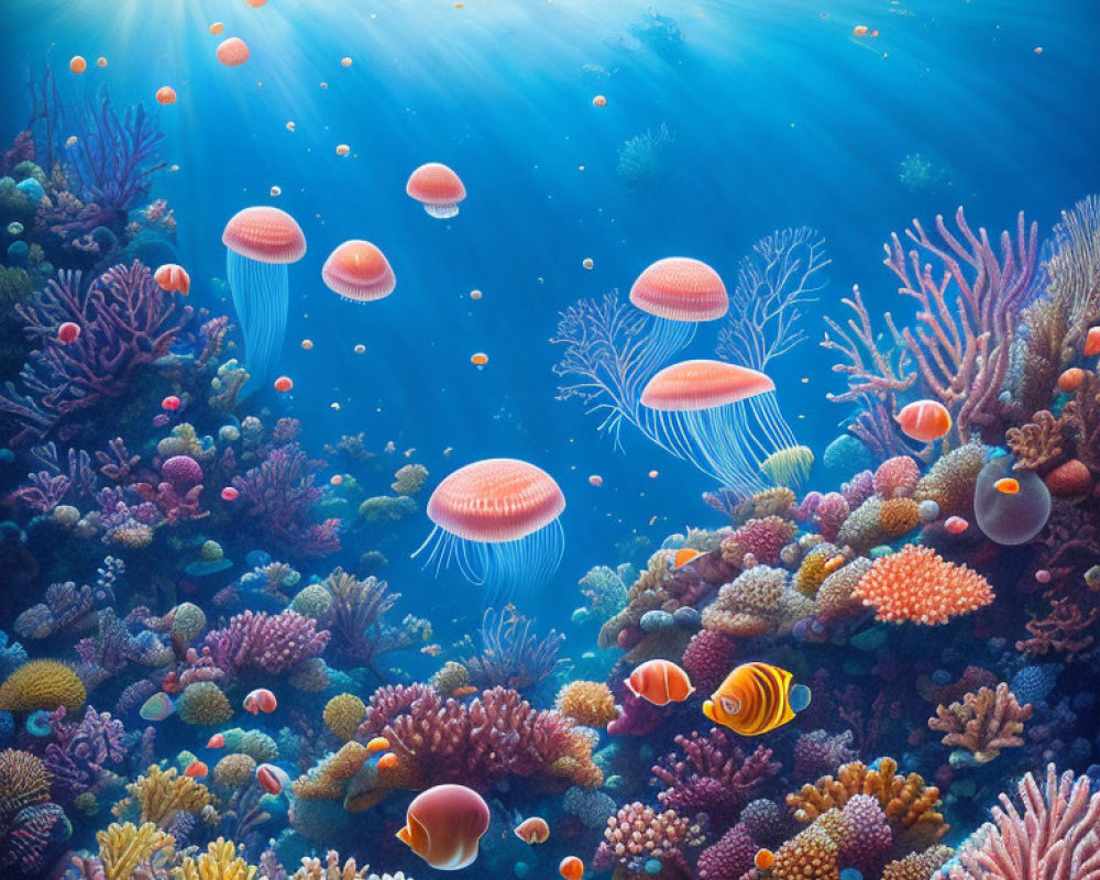 Colorful Underwater Scene with Jellyfish and Diverse Coral Landscape