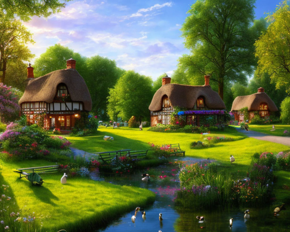 Tranquil countryside scene with cottages, flowers, trees, river, swans, and blue