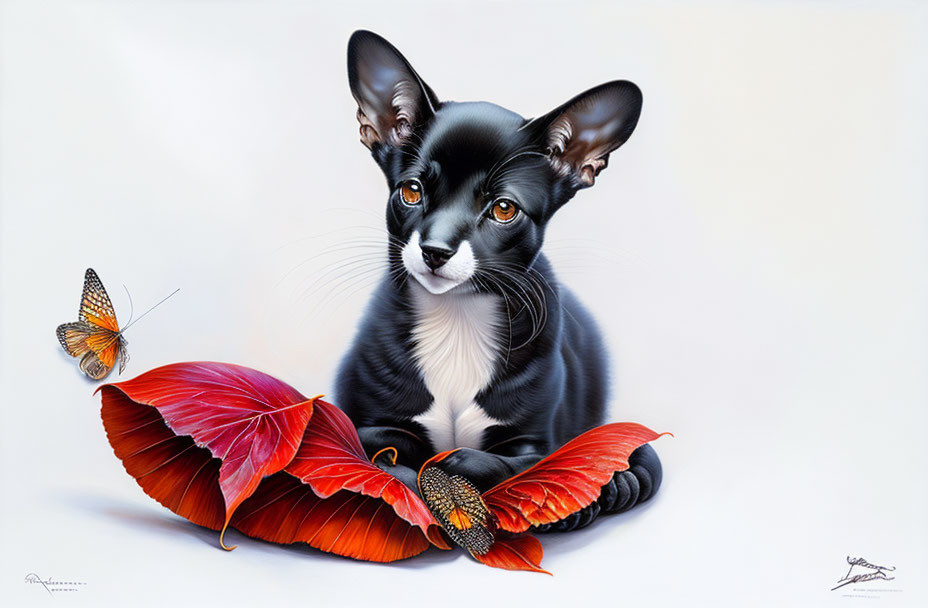 Stylized black and white puppy with oversized ears in red leaves scene